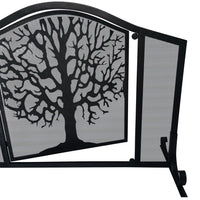 43 Inches 3 Panel Iron Fireplace Screen, Mesh Design, Arched Top, Tree of Life Art, Black - UPT-232047