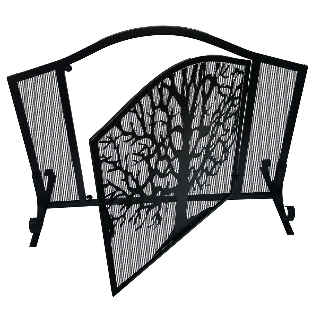43 Inches 3 Panel Iron Fireplace Screen, Mesh Design, Arched Top, Tree of Life Art, Black - UPT-232047