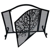 43 Inches 3 Panel Iron Fireplace Screen, Mesh Design, Arched Top, Tree of Life Art, Black - UPT-232047