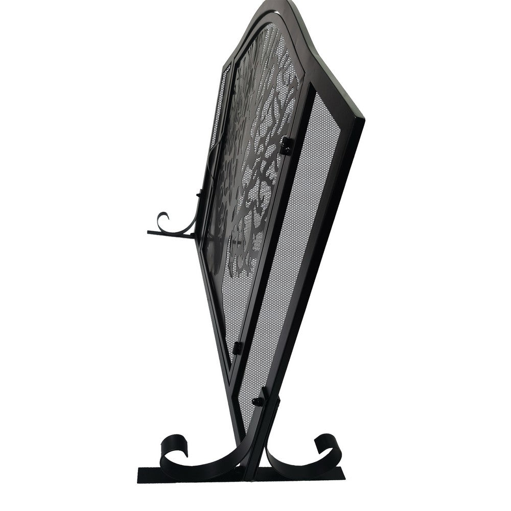 43 Inches 3 Panel Iron Fireplace Screen, Mesh Design, Arched Top, Tree of Life Art, Black - UPT-232047