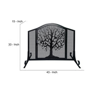 43 Inches 3 Panel Iron Fireplace Screen, Mesh Design, Arched Top, Tree of Life Art, Black - UPT-232047