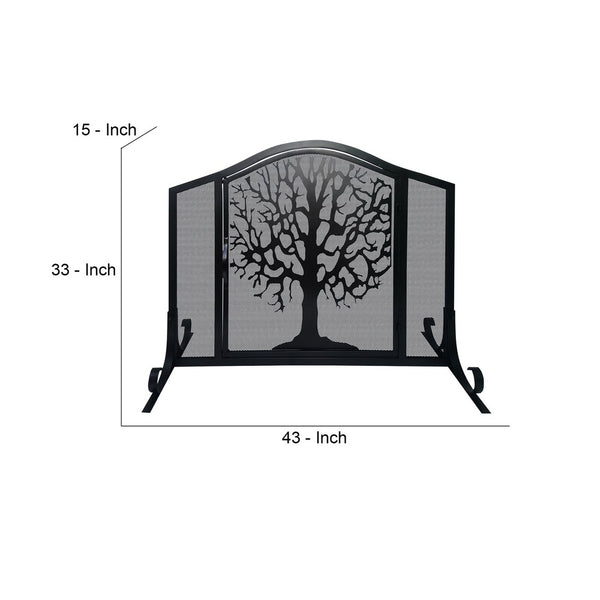 43 Inches 3 Panel Iron Fireplace Screen, Mesh Design, Arched Top, Tree of Life Art, Black - UPT-232047