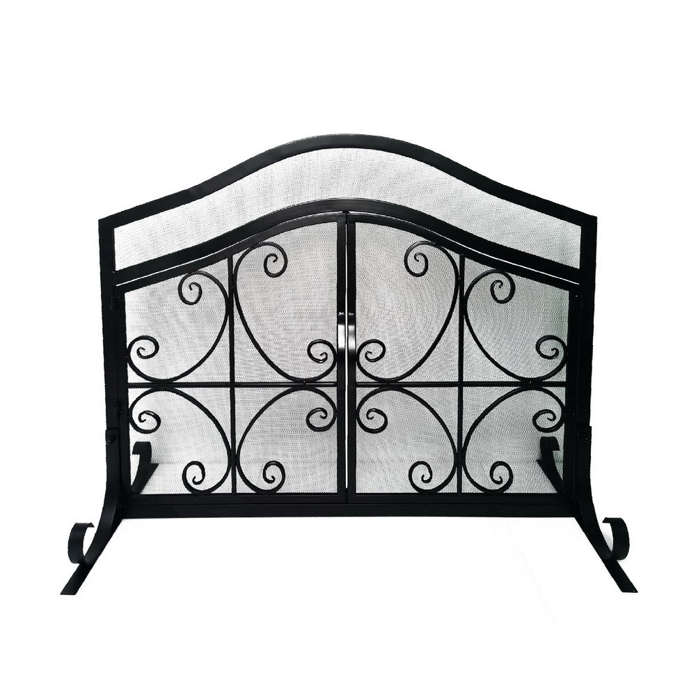 43 Inches 2 Door Iron Fireplace Screen, Mesh Design, Scrollwork, Black - UPT-232048