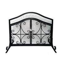43 Inches 2 Door Iron Fireplace Screen, Mesh Design, Scrollwork, Black - UPT-232048