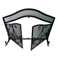 43 Inches 2 Door Iron Fireplace Screen, Mesh Design, Scrollwork, Black - UPT-232048