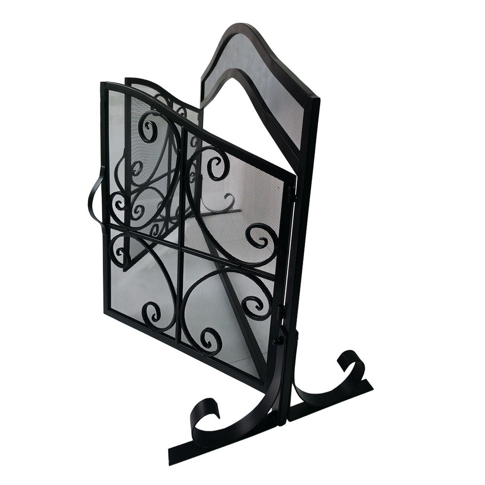 43 Inches 2 Door Iron Fireplace Screen, Mesh Design, Scrollwork, Black - UPT-232048