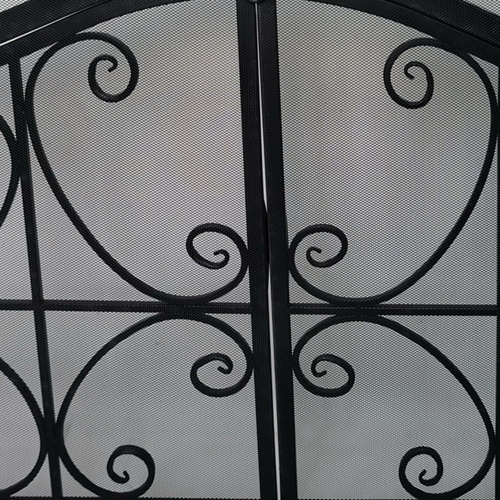 43 Inches 2 Door Iron Fireplace Screen, Mesh Design, Scrollwork, Black - UPT-232048
