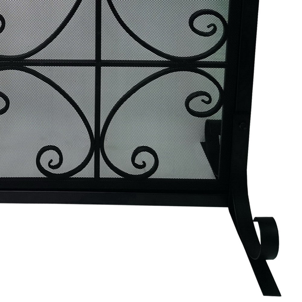 43 Inches 2 Door Iron Fireplace Screen, Mesh Design, Scrollwork, Black - UPT-232048