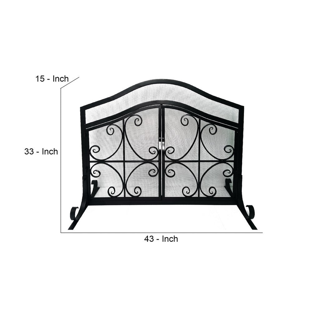 43 Inches 2 Door Iron Fireplace Screen, Mesh Design, Scrollwork, Black - UPT-232048
