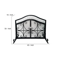 43 Inches 2 Door Iron Fireplace Screen, Mesh Design, Scrollwork, Black - UPT-232048