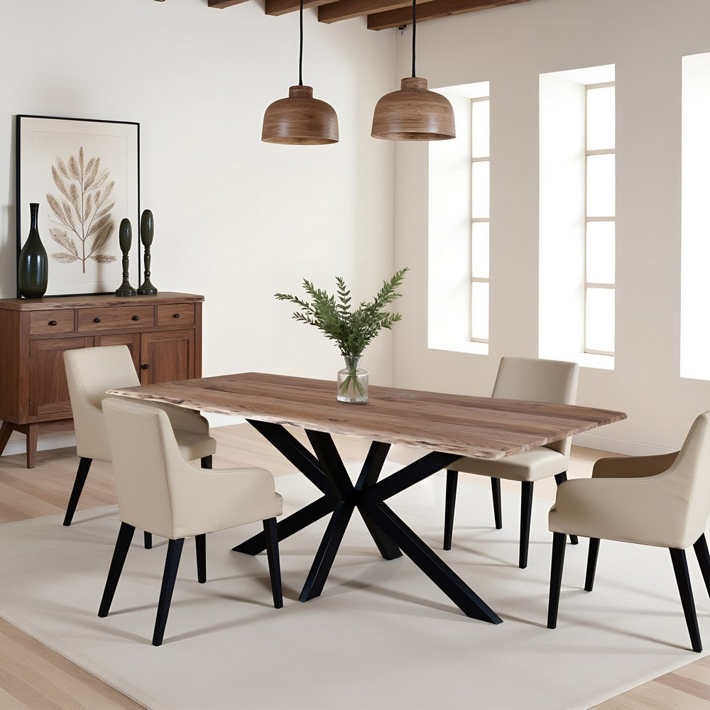 79 Inch Rectangular Live Edge Top Mango Wood Dining Table, Crossed Legs, Brown, Black - UPT-238003
