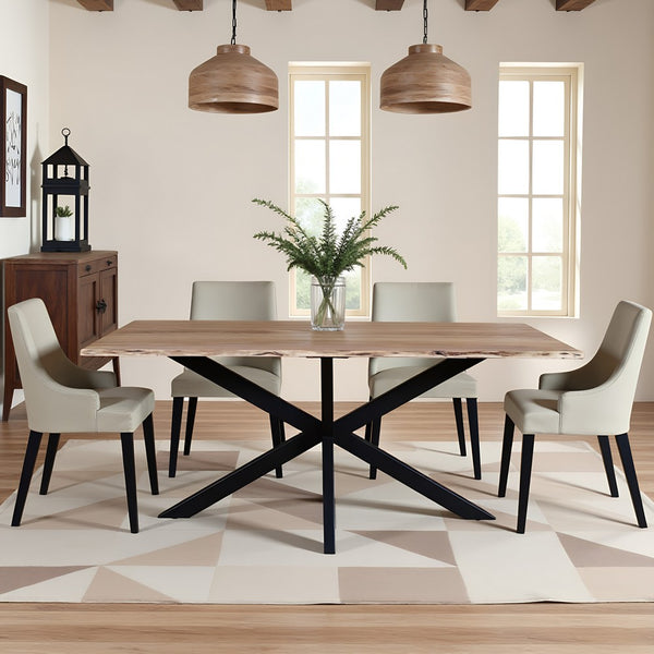 79 Inch Rectangular Live Edge Top Mango Wood Dining Table, Crossed Legs, Brown, Black - UPT-238003