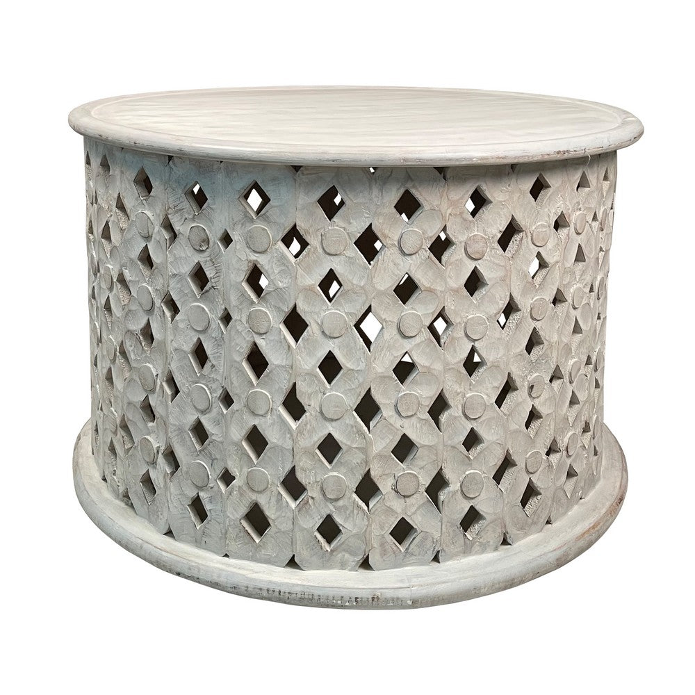 Cato 28 Inch Artisanal Round Mango Wood Coffee Table, Intricate Diamond Lattice Cut Out Frame, Washed White- UPT-241080