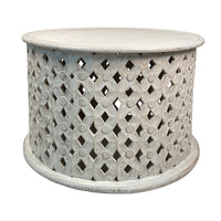 Cato 28 Inch Artisanal Round Mango Wood Coffee Table, Intricate Diamond Lattice Cut Out Frame, Washed White- UPT-241080