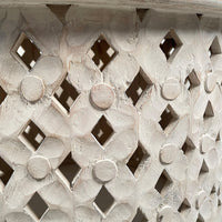 Cato 28 Inch Artisanal Round Mango Wood Coffee Table, Intricate Diamond Lattice Cut Out Frame, Washed White- UPT-241080