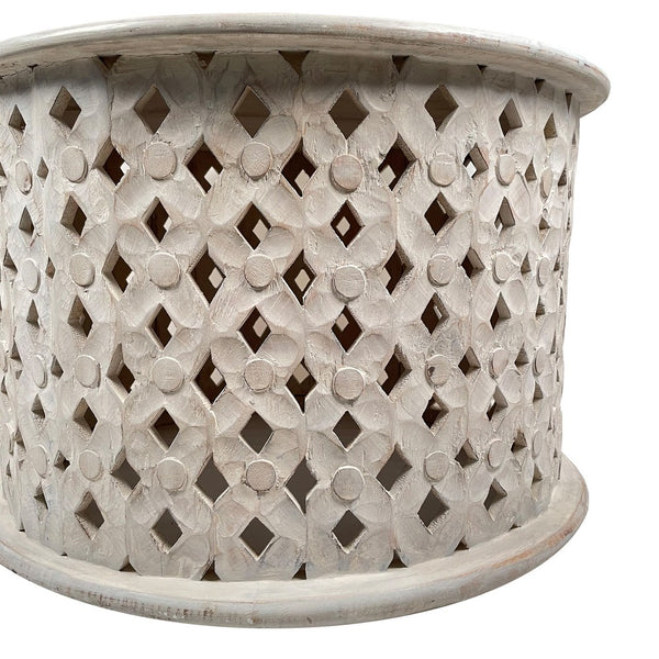 Cato 28 Inch Artisanal Round Mango Wood Coffee Table, Intricate Diamond Lattice Cut Out Frame, Washed White- UPT-241080