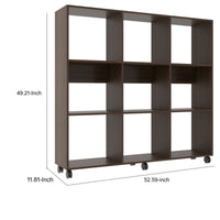 49 Inch Handcrafted Classic Wood Bookcase, 9 Open Compartments, Caster Wheels, Espresso Brown - UPT-242343