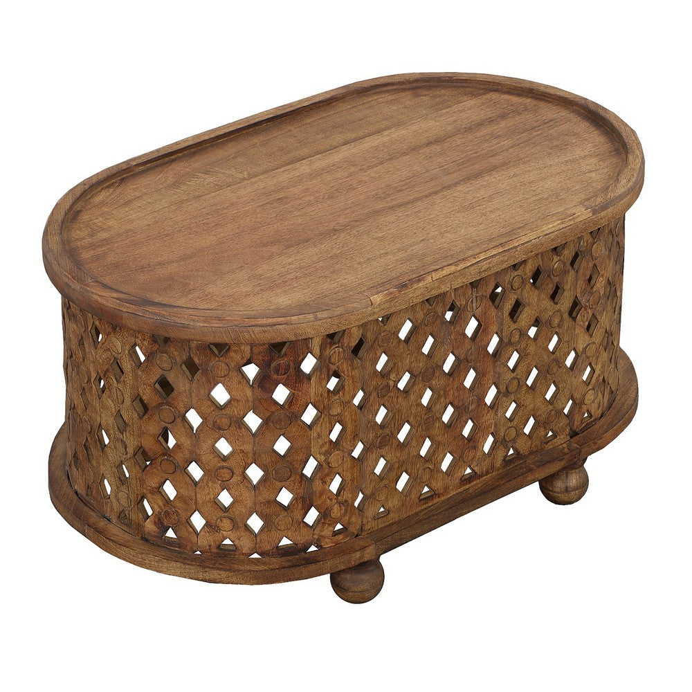 36 Inch Handcrafted Oval Coffee Table, Intricate Cutout Design, Antique Brown - UPT-242449