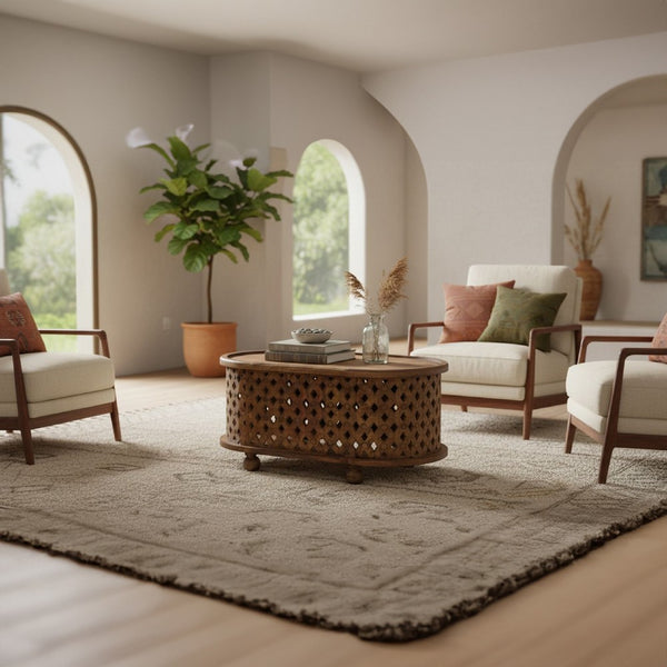 36 Inch Handcrafted Oval Coffee Table, Intricate Cutout Design, Antique Brown - UPT-242449