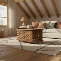 36 Inch Handcrafted Oval Coffee Table, Intricate Cutout Design, Antique Brown - UPT-242449