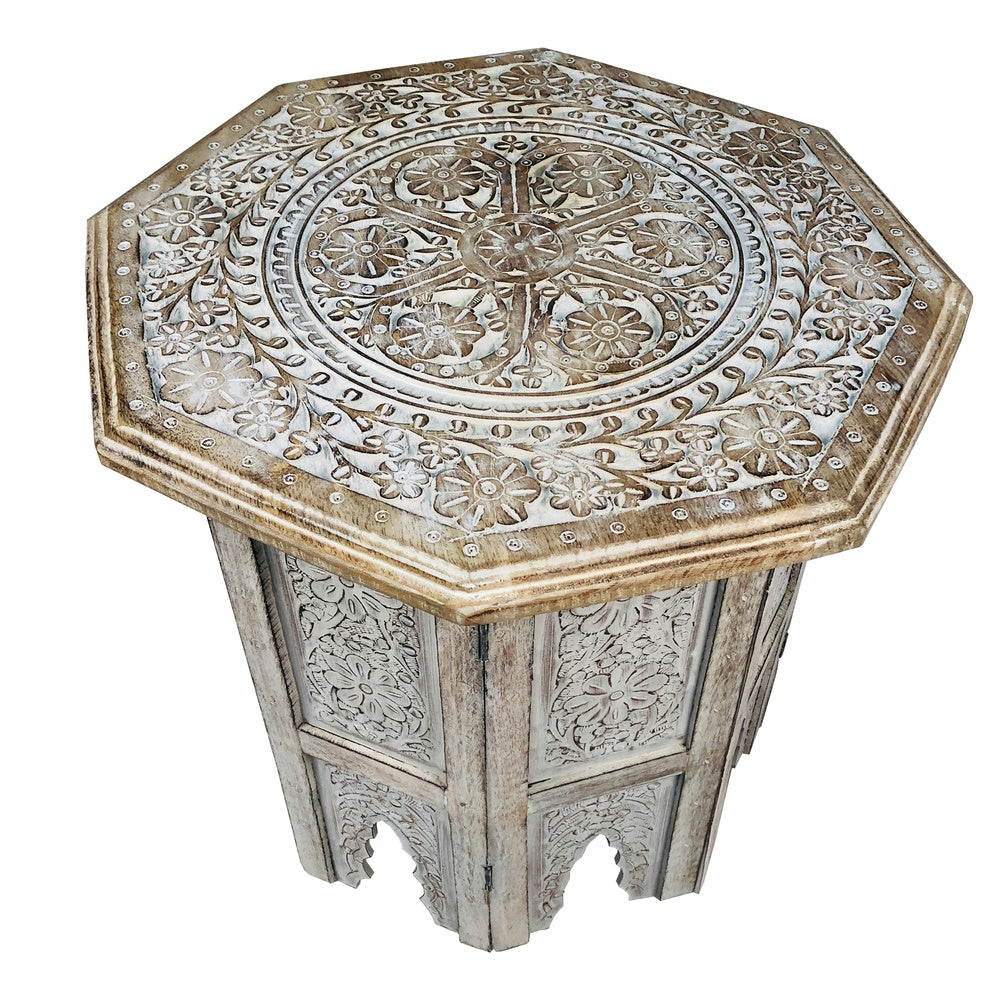 Olta 18 Inch Handcrafted Farmhouse Side Table, Engraved Carved Design, Mango Wood, Octagonal Top, Antique Brown - UPT-248136