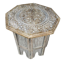 Olta 18 Inch Handcrafted Farmhouse Side Table, Engraved Carved Design, Mango Wood, Octagonal Top, Antique Brown - UPT-248136
