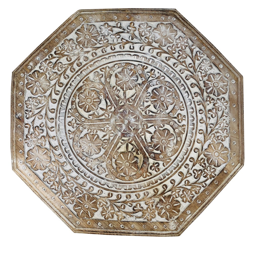 Olta 18 Inch Handcrafted Farmhouse Side Table, Engraved Carved Design, Mango Wood, Octagonal Top, Antique Brown - UPT-248136