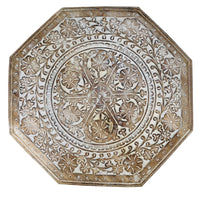 Olta 18 Inch Handcrafted Farmhouse Side Table, Engraved Carved Design, Mango Wood, Octagonal Top, Antique Brown - UPT-248136