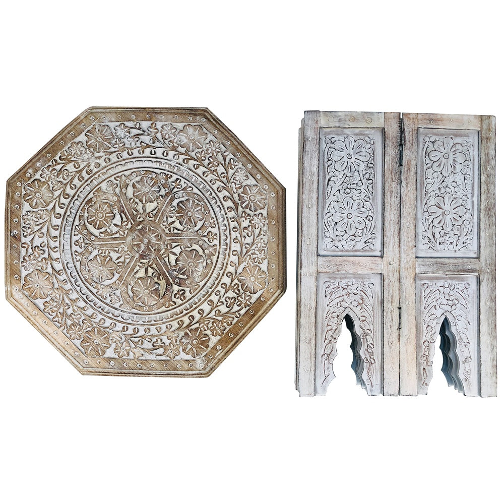 Olta 18 Inch Handcrafted Farmhouse Side Table, Engraved Carved Design, Mango Wood, Octagonal Top, Antique Brown - UPT-248136