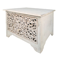 Olta 24 Inch Handcrafted Mango Wood Nightstand Side Table, 2 Drawers, Floral Carved Cut Out Design, Antique White - UPT-248138