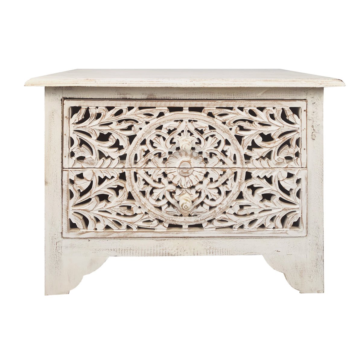 Olta 24 Inch Handcrafted Mango Wood Nightstand Side Table, 2 Drawers, Floral Carved Cut Out Design, Antique White - UPT-248138