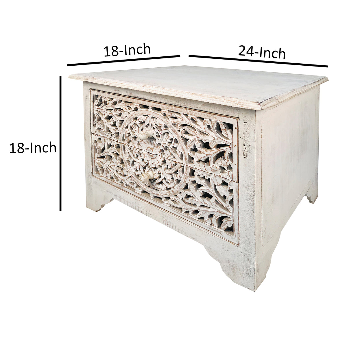 Olta 24 Inch Handcrafted Mango Wood Nightstand Side Table, 2 Drawers, Floral Carved Cut Out Design, Antique White - UPT-248138