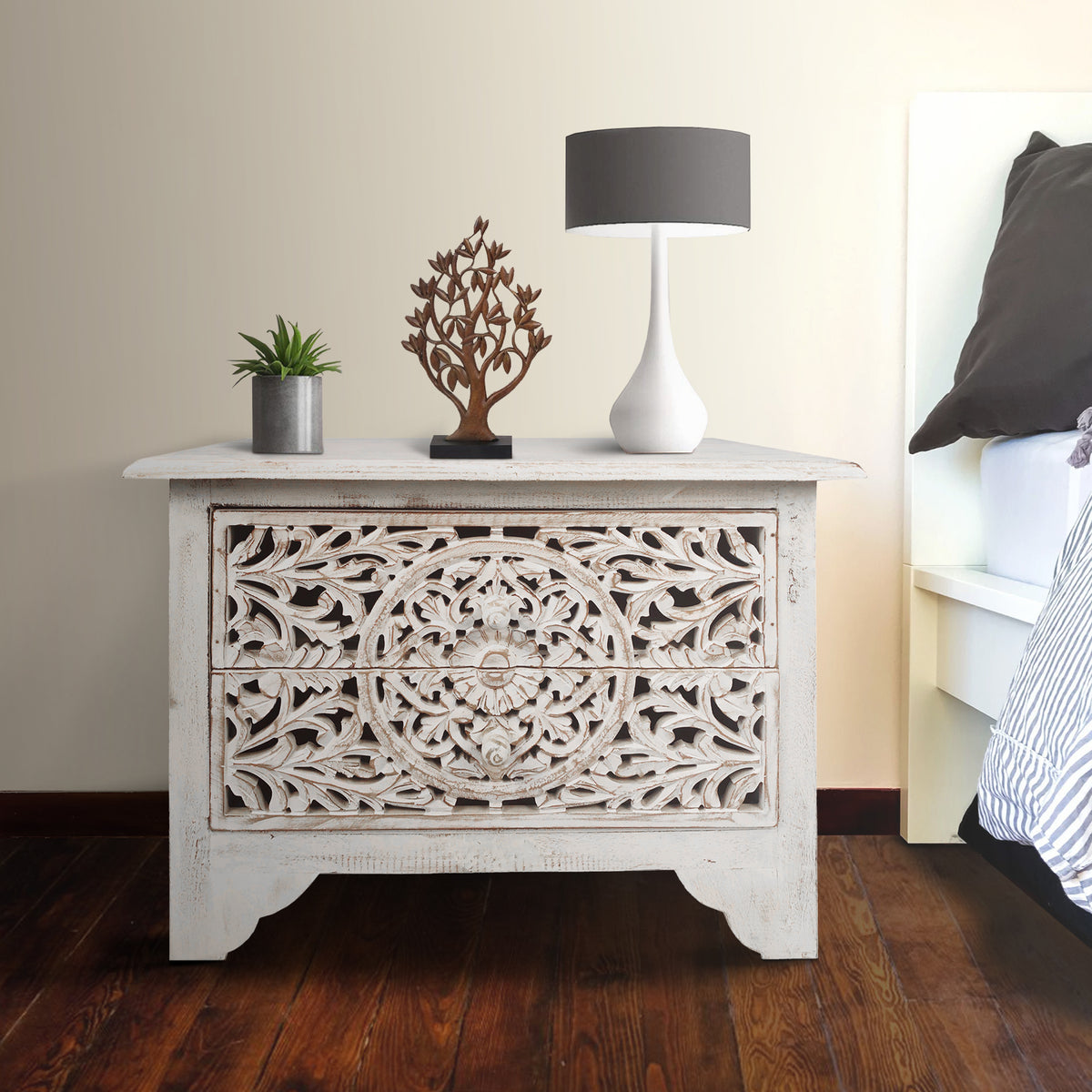 Olta 24 Inch Handcrafted Mango Wood Nightstand Side Table, 2 Drawers, Floral Carved Cut Out Design, Antique White - UPT-248138