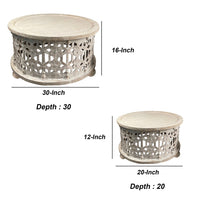 30 Inch Round 2 Piece Wood Coffee Table Set, Carved Floral Design, Antique White - UPT-248139