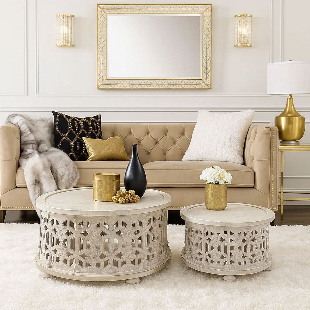 30 Inch Round 2 Piece Wood Coffee Table Set, Carved Floral Design, Antique White - UPT-248139