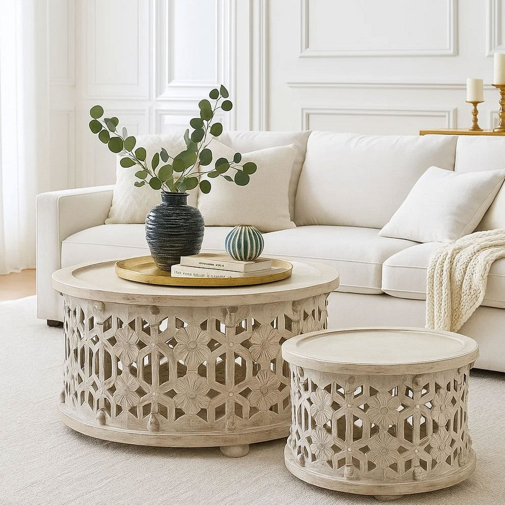 30 Inch Round 2 Piece Wood Coffee Table Set, Carved Floral Design, Antique White - UPT-248139