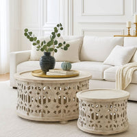 30 Inch Round 2 Piece Wood Coffee Table Set, Carved Floral Design, Antique White - UPT-248139