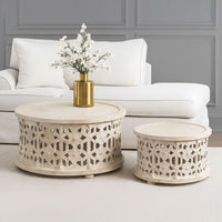30 Inch Round 2 Piece Wood Coffee Table Set, Carved Floral Design, Antique White - UPT-248139