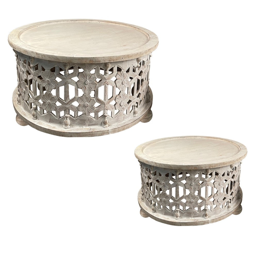 30 Inch Round 2 Piece Wood Coffee Table Set, Carved Floral Design, Antique White - UPT-248139