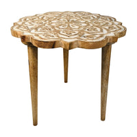 18 Inch Handcrafted Mango Wood Side End Table, Floral Carved Top, Tripod Base, Antique Brown, White - UPT-248149
