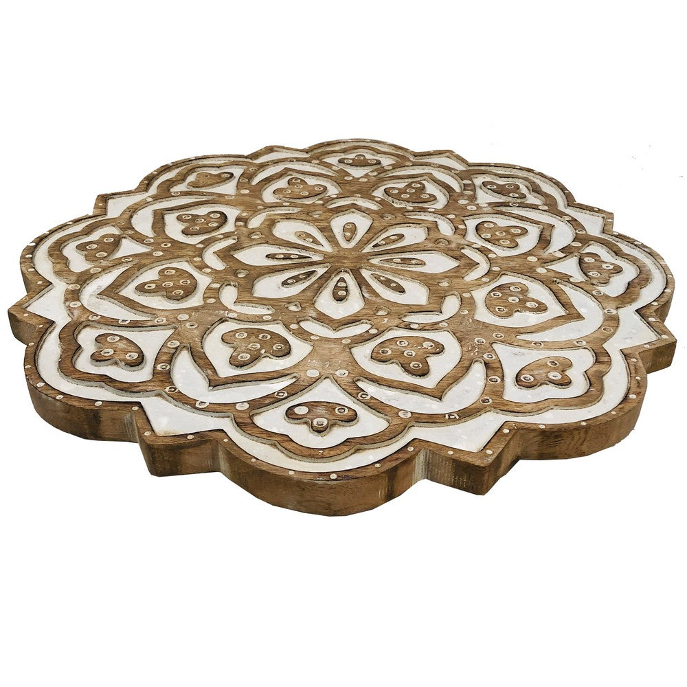18 Inch Handcrafted Mango Wood Side End Table, Floral Carved Top, Tripod Base, Antique Brown, White - UPT-248149