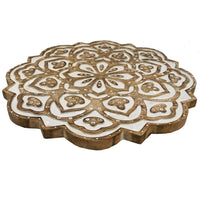 18 Inch Handcrafted Mango Wood Side End Table, Floral Carved Top, Tripod Base, Antique Brown, White - UPT-248149