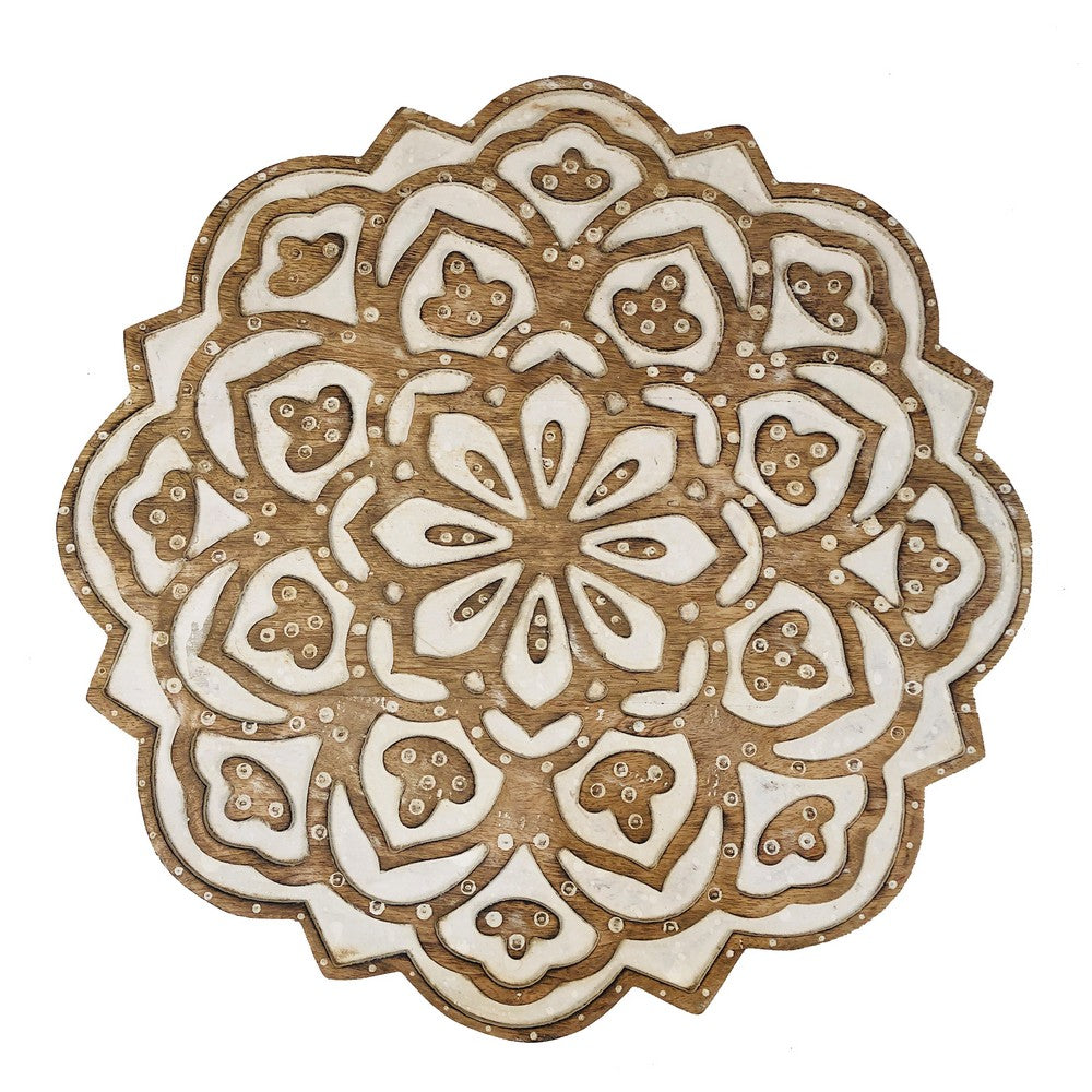 18 Inch Handcrafted Mango Wood Side End Table, Floral Carved Top, Tripod Base, Antique Brown, White - UPT-248149