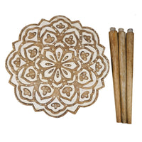 18 Inch Handcrafted Mango Wood Side End Table, Floral Carved Top, Tripod Base, Antique Brown, White - UPT-248149