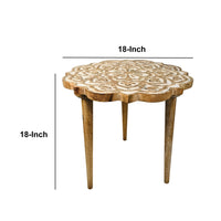 18 Inch Handcrafted Mango Wood Side End Table, Floral Carved Top, Tripod Base, Antique Brown, White - UPT-248149