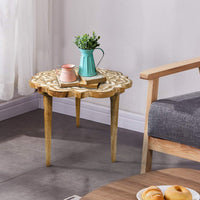 18 Inch Handcrafted Mango Wood Side End Table, Floral Carved Top, Tripod Base, Antique Brown, White - UPT-248149