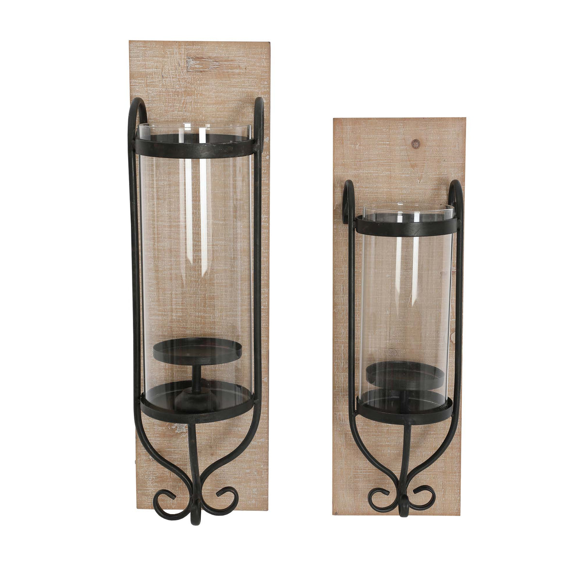 Industrial Wall Mount Wood Candle Holder With Glass Hurrican, Set of 2, Black - UPT-250432