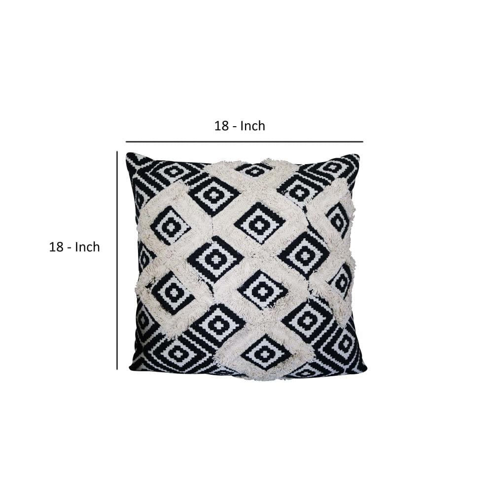 18 x 18 Handcrafted Square Jacquard Soft Cotton Accent Throw Pillow, Diamond Pattern, Set of 2, White, Black By The Urban Port