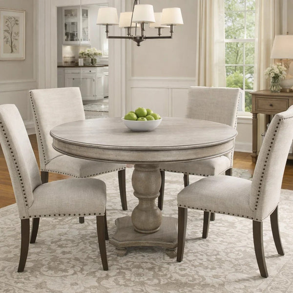 42 Inch Handcrafted Mango Wood Dining Table, Pedestal Base, Round Molded Top, Washed White, Gray - UPT-262414