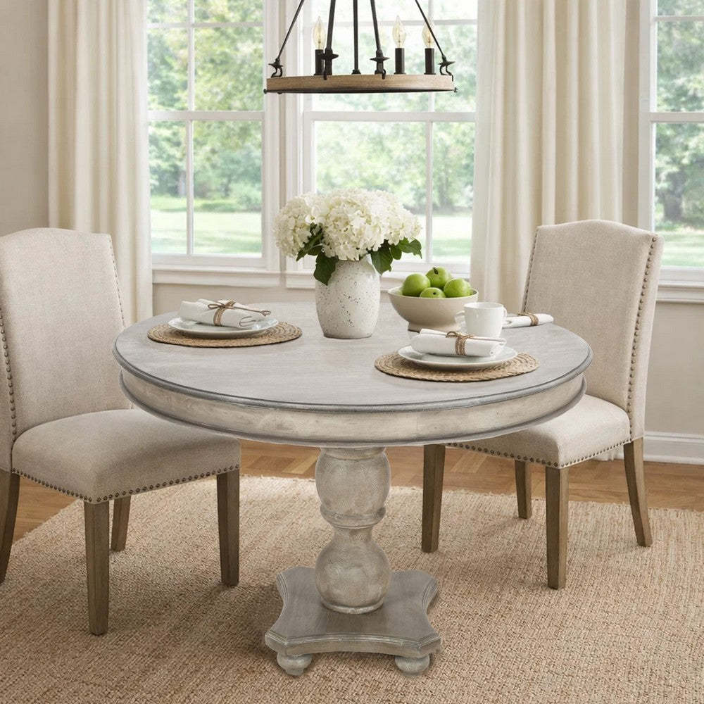 42 Inch Handcrafted Mango Wood Dining Table, Pedestal Base, Round Molded Top, Washed White, Gray - UPT-262414